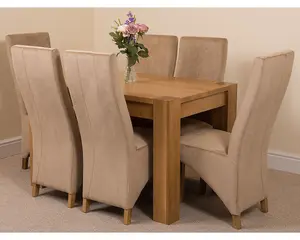 Kuba 125 x 80 cm Chunky Oak Small Dining Table and 6 Chairs Dining Set with Lola Beige Fabric Chairs