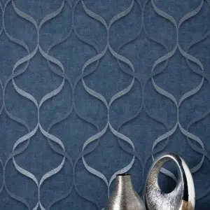 Milano Trellis Blue & Silver Wave Heavyweight Wallpaper M95628