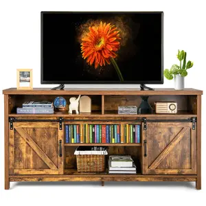 COSTWAY 150cm Sliding Barn Door TV Stand Farmhouse Flat Screen Console for TVs up to 65"