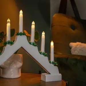 40cm Battery Operated Light up White Wooden Christmas Candle Bridge with 7 Warm White LEDs