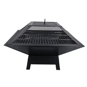 Outdoor Metal Garden Fire Pit Basket With BBQ Barbecue Grill and Safety Mesh