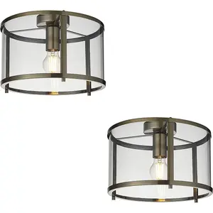 2 PACK Semi Flush Low Ceiling Light - Antique Brass & Clear Glass - 10W Max LED E27