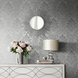 Muriva Silver Damask Metallic effect Embossed Wallpaper