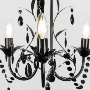 ValueLights Odelia Gloss Black Shabby Chic 3 Way Ceiling Light Chandelier with Decorative Black Jewel Beads