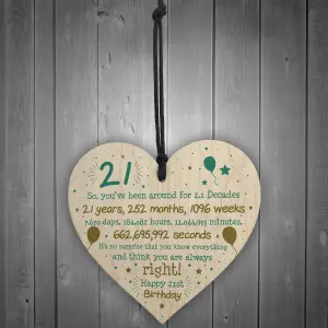 Red Ocean 21st Birthday Gift For Daughter Son Wooden Hanging Heart Twenty One Birthday Card