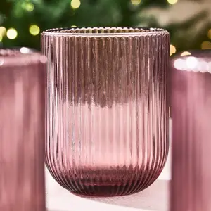 Set of 2 Vintage Luxury Pink Ribbed Short Drinking Glass Whisky Glass Tumbers 270ml