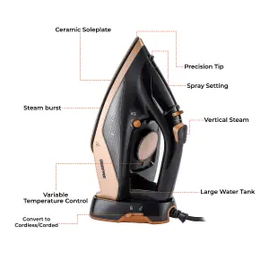 Geepas 2 in 1 Cordless Steam Iron Ceramic Soleplate Use Corded or Cordless 350ML, Black