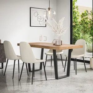 Aria Dining Table And Chairs -  Oak Effect Table Top w Black Legs + Maya Boucle Dining Chair Set Of 4 (Ivory White)