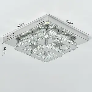 Modern 2-Tiers Square Crystal LED Flush Ceiling Light Fixture Chandelier 40cmx 40cm, Cool White