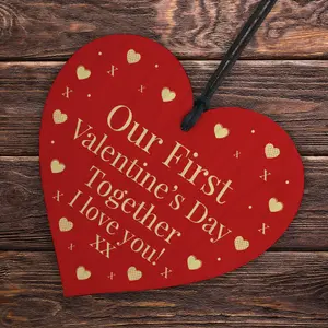 Red Ocean First 1st Valentines Day Together Gift For Boyfriend Girlfriend Red Wooden Heart Sign Novelty Gift For Partner