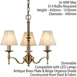 Avery Ceiling Pendant Chandelier Light 3 Lamp Antique Brass & Beige Pleat Shade