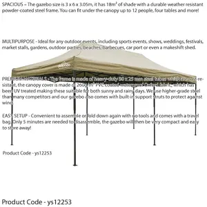 3x6m Beige Pop-Up Gazebo with Side Walls - Durable Outdoor Pavilion Tent