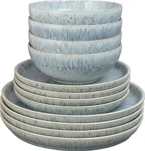 Denby - Halo Speckle Coupe Dinner Set For 4 - 12 Piece Ceramic Tableware - Dishwasher Microwave Safe Stoneware Crockery - Reactive Glaze, Grey - 4 X