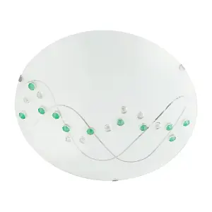 Contemporary Round Opal Glass Ceiling Light with Green and Clear Crystal Buttons