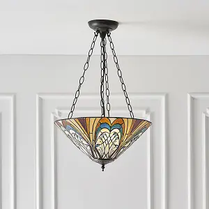 Luminosa Hector 3 Light Medium Inverted Ceiling Pendant Bronze, Tiffany glass, E27