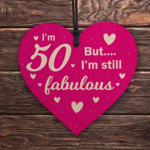 Red Ocean 50 And Fabulous Funny 50th Birthday Gifts For Women Female Her Mum Nan Best Friend Wood Heart 50th Birthday Decorarions