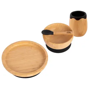 Tiny Dining - Round Bamboo Suction Baby Feeding Set - Black - 4pc