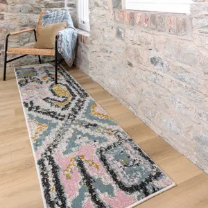 Pastel Multicolour Distressed Tribal Living Area Runner Rug 60x240cm