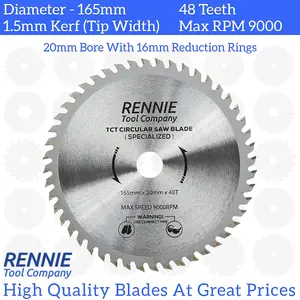 165mm x 48T TCT Cordless Circular Wood Saw Blade With Thin Kerf. Fits Bosch Makita Ryobi Dewalt Circular Saws etc