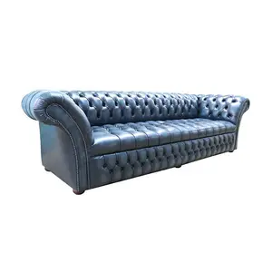 Chesterfield 4 Seater Sofa Buttoned Seat Antique Blue Leather DBB In Balmoral Style