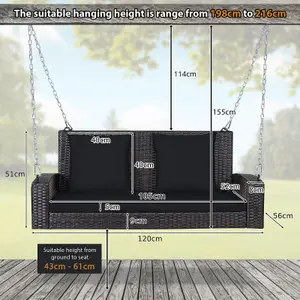 Costway 2-Seat Patio Rattan Porch Swing Loveseat Outdoor Hanging Swing Bench W/ Cushions