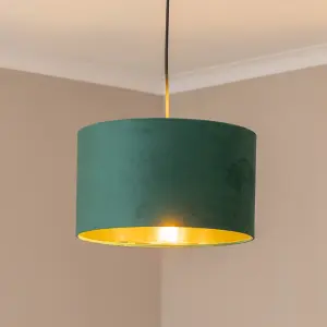 ValueLights Reni Medium Forest Green Velvet with Metallic Chrome Silver Inner Ceiling Lamp Shade