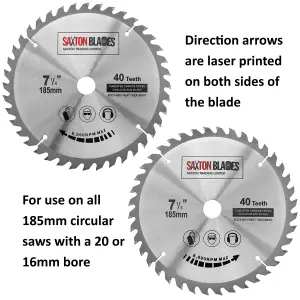 Saxton TCT18540T20B TCT Circular Saw Blade 185mm x 40 Teeth x 20mm Bore + 16mm Ring