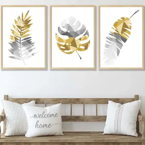 Set of 3 Geometric Tropical Leaves In Yellow Grey Wall Art Prints / 50x70cm / Oak Frame