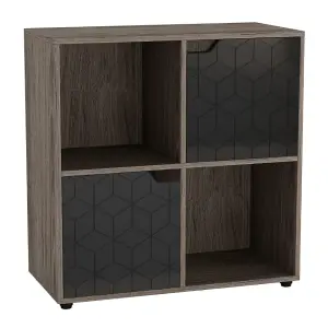 URBNLIVING 61cm Height 4 Cubes Antique Oak Wooden Bookcase Display Shelf Storage Cabinet With Modern Geo Black Door