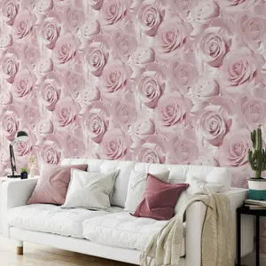 Muriva Bella Soft Pink Flower Rose Bloom 3D Effect Floral Designer Wallpaper