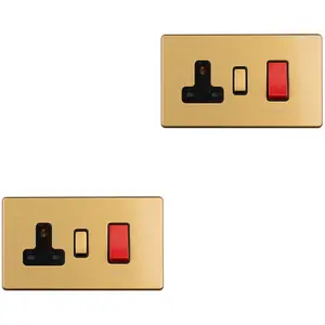 2 PACK 45A DP Oven Cooker Switch & 13A Switched Socket SCREWLESS SATIN BRASS