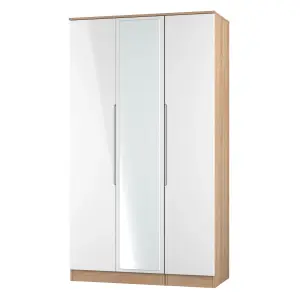 Milan Ready assembled Modern White & oak effect Tall Triple Wardrobe With 1 mirror door (H)1970mm (W)1110mm (D)530mm