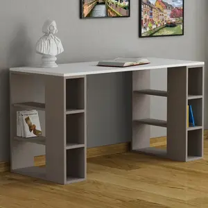 Simone Modern Desk with Built-in Bookcase – Stylish Workspace Desk with 6 Open Shelves Light Mocha / White