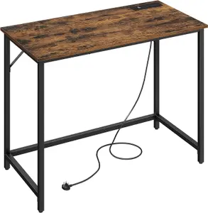 VASAGLE Computer Desk with LED Lights and Built-In Power Outlets, Gaming Desk, Office Desk, Rustic Brown and Ink Black