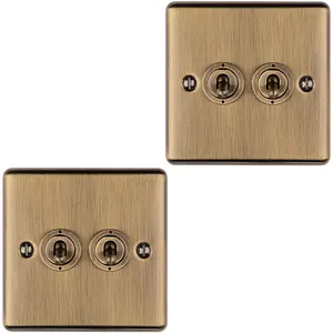 2 PACK 2 Gang Double Retro Toggle Light Switch ANTIQUE BRASS 10A 2 Way Plate