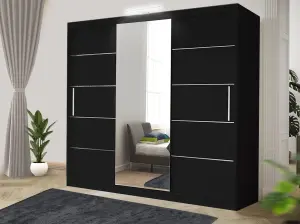 Bedroom Sliding Wardrobe with LED - Storage Space & Sleek Design comes in Width 100cm/120cm/150cm/180cm/203cm/250cm (Black, 250cm)