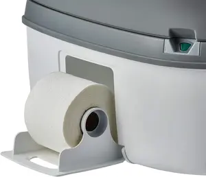 Supreme Portable Camping Toilet with Integrated Toilet Roll Holder and Piston Pump Flush.