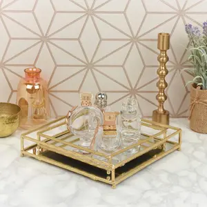 URBNLIVING Height 4cm Set of 2 Gold Metal Frame Square Mirror Tray Set Vanity Perfume Makeup Candle Trinket Tray