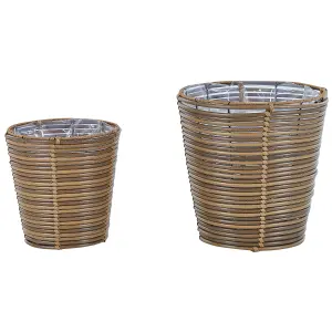 Set of 2 Plant Pots SARTI PE Rattan Brown