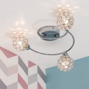 ValueLights Ducy Contemporary 3 Way Silver Chrome Swirl Design Flush Ceiling Light with Stunning Acrylic Jewel Globe Shades