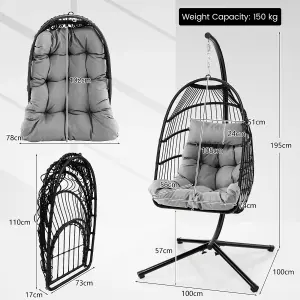 COSTWAY Indoor Outdoor Hanging Chair Patio Swing Egg Chair W/ Stand & Cushion