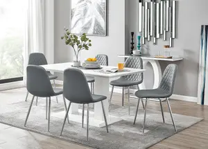 Imperia White High Gloss 6 Seater Dining Table with Structural 2 Plinth Column Legs 6 Grey Faux Leather Silver Leg Corona Chairs