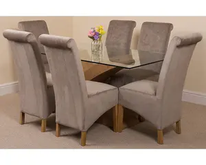 Valencia 160 cm x 90 cm Glass Dining Table and 6 Chairs Dining Set with Montana Grey Fabric Chairs