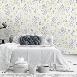 Lupton Grey & yellow Floral Smooth Wallpaper