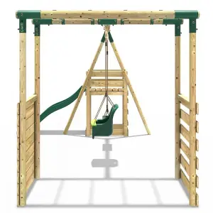 Rebo Wooden Children's Swing Set with Monkey Bars plus Deck & 6ft Slide - Double Swing - Luna Green