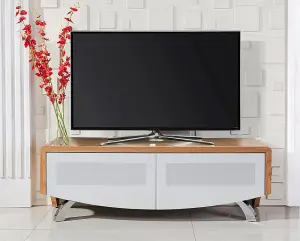 MDA Designs WAVE 1200 Oak with White Glass Hybrid BeamThru Remote-Friendly 32"-60" Flat Screen Tv Cabinet