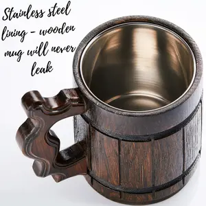 Handmade Large Oak Wooden Tankard Mug - Amazing Craftsmanship & Quality Materials - Metal Lining, Heavy Duty, & Long-Lasting Mug