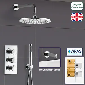 Flora 3 Way Round Concealed Thermostatic Mixer Valve Hand Shower Bath Filler