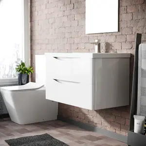 Nes Home Modern 800mm White Wall Hung Basin Sink Vanity with Storage Drawers