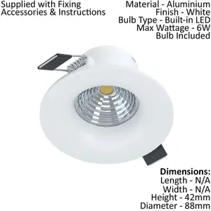 Wall & Ceiling Flush Downlight White Recessed Spotlight 6W Built in LED